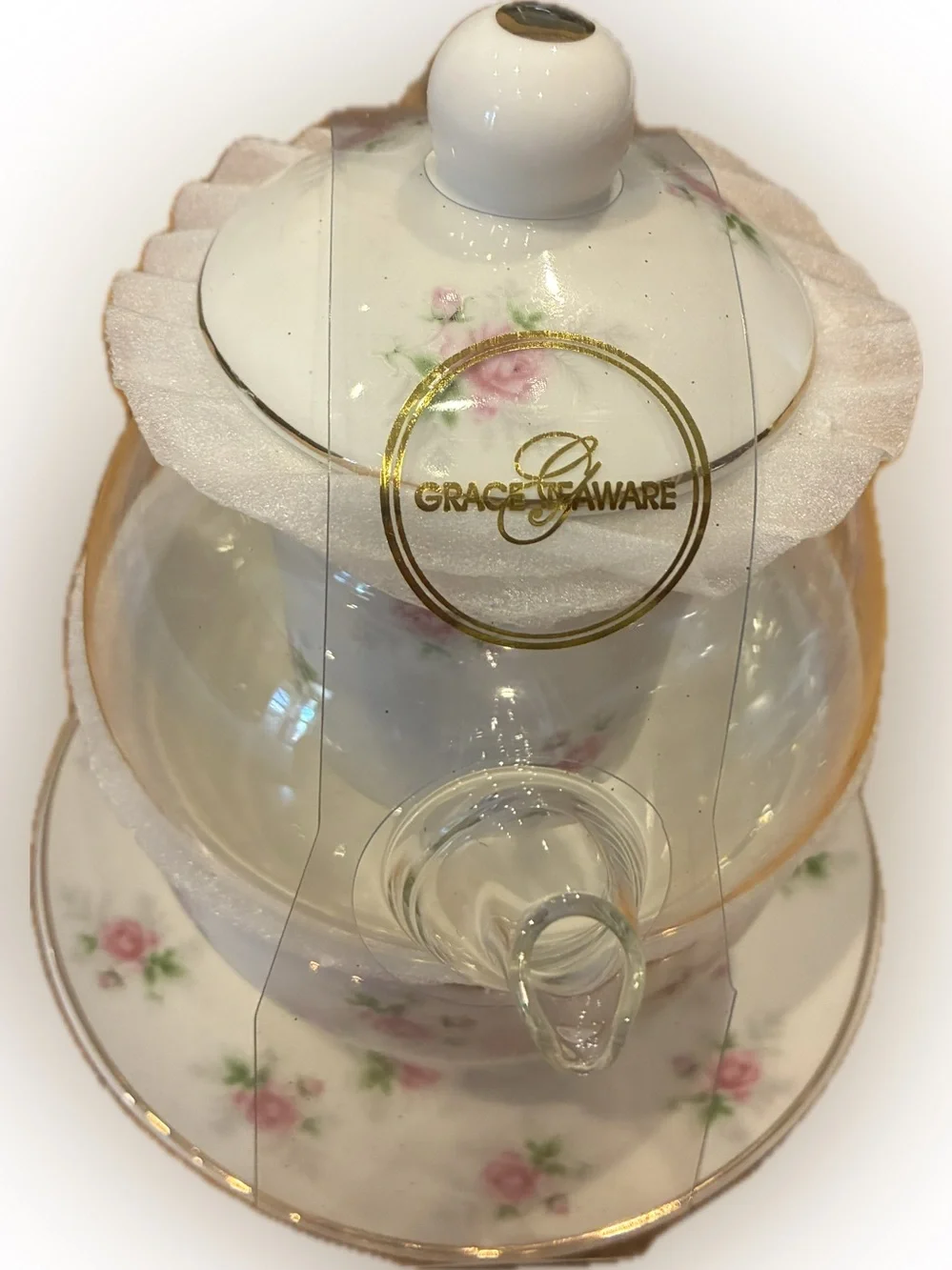 Floral Porcelain Tea-for-One Set with Glass Teapot - Pink Rose